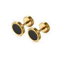 Golden stainless steel stud earrings with black enamel inlay in a circular barbell design - Gold with Black Oil