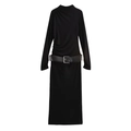 Elegantes schwarzes Strickkleid mit langen Ärmeln, Stehkragen und breitem Gürtel mit Schnalle - XS / Schwarz