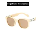 Creamy yellow square frame sunglasses with tea lenses and metal hollowed temples - Beige / Tea Lenses
