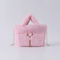 Pink faux rabbit fur handbag with gold deer emblem and long tassel decoration - Light Pink