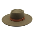 Detail of olive wool fedora hat featuring brown leather band and metal rivet buckle - M (56-58cm) / Army Green