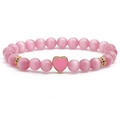 Bracciale in pietra occhio di gatto rosa con ciondolo a cuore oro e zirconi neri - Pendente a Cuore Rosa / Rosa