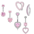 Silver belly button rings set with pink heart and round zircon crystals on white background - Mixed 6 Pieces Set