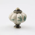 Vintage pumpkin ceramic cabinet knob with green leaf patterns and bronze metal base - TCL549/Cyan Green Leaves