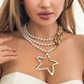 Layered pearl necklace with amber stones and large gold star pendant for women - K1 Gold (Amber Stone)