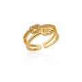 Golden double band ring with sparkling cubic zirconia knots in an open-adjustable style - Adjustable Open / Gold Double Line Knot Style (G3014444)