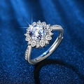 Silver moissanite engagement ring featuring a round cut center stone in a flower setting - Sunflower Ring Ljz-108 / Adjustable Open