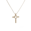 Golden cross necklace with micro-paved heart-shaped center on a white background - White Zirconia