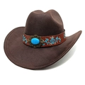 Detailed view of dark brown cowboy hat with turquoise stone and embroidered leather band - M (56-58cm) / Striped Coffee