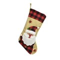 Detail of 3D Santa Claus figure on burlap Christmas stocking with red plaid accents - 3D Santa Claus