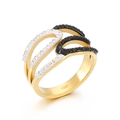 Moderne gelaagde roestvrijstalen ring met zwart-witte zirkonia banden in goudkleur - US 8 / Gouden Drielagig Criss Cross Zwart Wit Zirconia Stijl (KR103298-KFC)