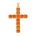 Gold-plated cross pendant featuring pave-set orange cubic zirconia gemstones on white background - Pendant 106 (Gold Pave Orange Stone Cross)