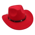 Detail of red western cowboy hat with black leather band and silver star rivets - One Size / Red