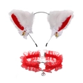 Detail of white plush cat ears headband with red lace choker and golden bells set - White/Red Inside Cat Ears + Red Lace Choker