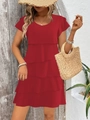 Elegant red tiered summer dress with ruffle sleeves and round neck for women - S / Bottoms / Burgundy