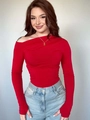 Slim fit red off-shoulder long sleeve top with pleated detail and asymmetrical neckline - S / Red