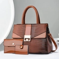 Brown crocodile pattern tote bag set with metal buckle for women in studio lighting - Three-Piece Set / Khaki/Earth Yellow