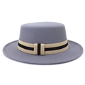 Detailed texture of grey wool felt boater hat with a striped ribbon band - One Size 58cm Circumference / Light Gray
