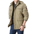 Khaki men's fleece-lined padded outdoor jacket with hood and embroidery detail - L / Khaki