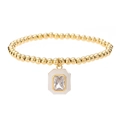 Gold beaded bracelet with white enamel geometric pendant and rectangular zircon stone - Cream White Pendant / White