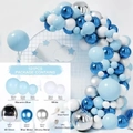 Blue and silver birthday balloon arch kit with 101 pieces including macaron blue and 4D silver - Macaron Blue White Silver Mirror Style (Set 004)