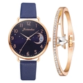 Close-up of gold moon dial watch with navy blue strap and star-studded bracelet set - Watch and Bracelet Set / Blue