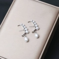 Elegant crescent silver earrings with white pearls and a teardrop pendant - Silver Crescent Artificial Pearl Style (E2956/Silver Needle)