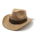 Classic camel faux suede western cowboy hat with studded leather band and metal bull head - M (56-59cm) / Camel