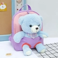 Cute kids backpack in purple and pink with blue plush bear and purple plaid scarf - Purple