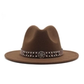Classic dark brown fedora wool hat with studded leather band on a white background - Coffee