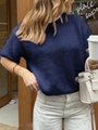 Maglione in maglia a maniche corte blu scuro da donna con texture soffice e girocollo - S / Blu Notte