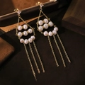 Elegant gold plated long tassel pearl earrings with square crystal on vintage background - Triangle Three-layer White Pearl Tassel Ear Hook