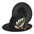 Black wool fedora hat featuring silver feather print, pink bow and gold script detail - M (56-58cm) / Feather Bow Style (1#) / Style 1