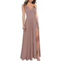 Elegant mauve pink floor-length evening gown with deep V-neck and high side slit detail - US 14 / Rose Gold