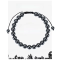 Adjustable hematite stone bead bracelet with black woven cord and grounding card - Magnetic Stone Bracelet
