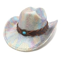 Detail of colorful snakeskin cowboy hat featuring a turquoise gemstone and braided band - M(56-58cm) / White