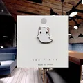 Cute white enamel cat-ear ghost brooch pin with gold plating on a display card - 47*Cute White Ghost Cat Pin