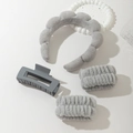 Detail showing grey sponge headband, matching wristbands, and matte hair claw set - Grey Headband Wristbands And Clip Set