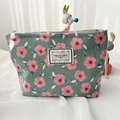 Green floral corduroy makeup bag with pink flowers and Time To Party label - Large / Cherry Blossom