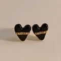 316L stainless steel heart stud earrings in black enamel finish with gold chain accent - Black