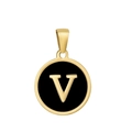 Collier en acier titane plaqué or 18k avec pendentif rond émail noir lettre V - V-Émail Noir