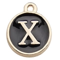 Golden round enamel charm with black inlay and letter X for DIY jewelry making - Letter X / 1 Piece (12x14mm) / Black