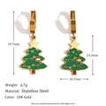 18K gold plated stainless steel Christmas tree earrings with green enamel and measurements - Christmas Tree Style