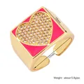 Pink enamel heart ring with micro-pave crystals in adjustable gold copper setting - Pink-Heart