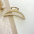 Elegant gold metal hair claw clip featuring alternating white pearls and sparkling rhinestones - Crescent Pearl Style (F-007)
