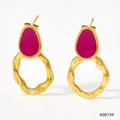 French vintage gold earrings with rose red oil painting enamel and irregular hoops - Irregular Hammered Hoop / Gold + Rose Red (KDE739)