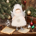 Ángel de peluche blanco con cuernos de reno brillantes y alas plateadas para decoración navideña - Blanco