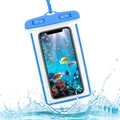 Blue waterproof phone pouch with neck strap shown with dynamic water splashes - Fluorescent Style / Blue