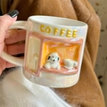 Close-up of pearlized white ceramic mug with cute 3D puppy and coffee shop relief - Coffee Puppy