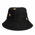 Close-up of yellow smiley face embroidery on black denim bucket hat texture - M (56-58cm) / Black